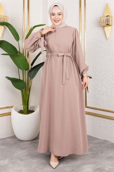 Manşeti Bağcıklı Tesettür Elbise VİZON - Thumbnail