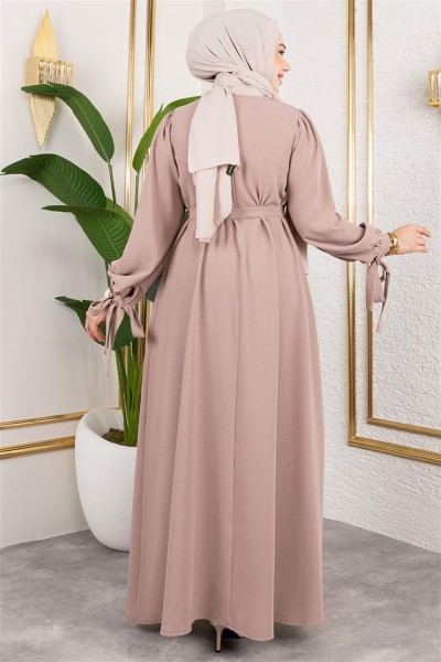 Manşeti Bağcıklı Tesettür Elbise VİZON - Thumbnail