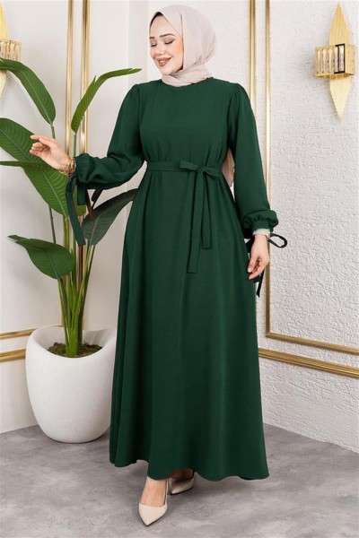 SGS - Manşeti Bağcıklı Tesettür Elbise ZÜMRÜT YEŞİLİ