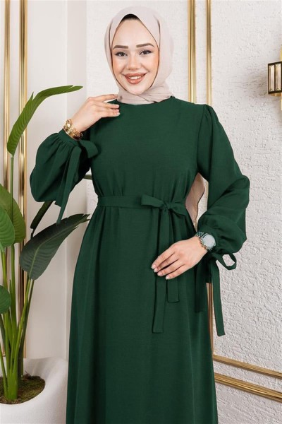Manşeti Bağcıklı Tesettür Elbise ZÜMRÜT YEŞİLİ - Thumbnail