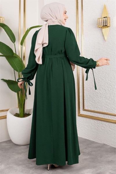 Manşeti Bağcıklı Tesettür Elbise ZÜMRÜT YEŞİLİ - Thumbnail