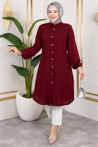 Manşeti Lastikli Viskon Tunik BORDO - Thumbnail