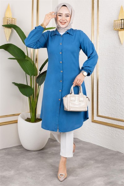 SGS - Manşeti Lastikli Viskon Tunik İNDİGO