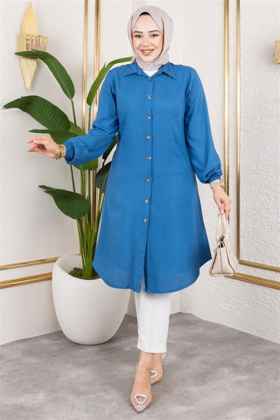 Manşeti Lastikli Viskon Tunik İNDİGO - Thumbnail