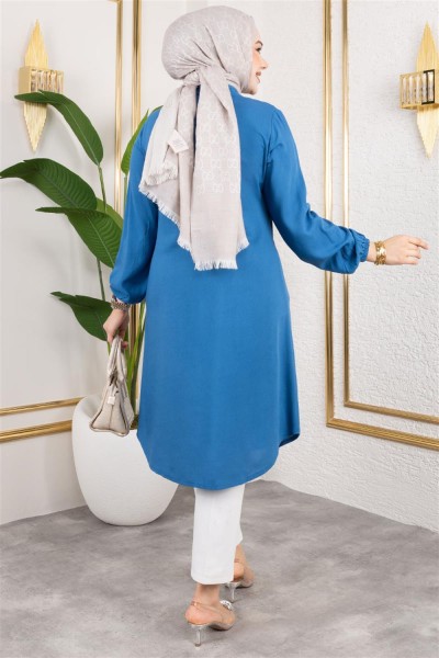 Manşeti Lastikli Viskon Tunik İNDİGO - Thumbnail