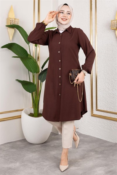 SGS - Manşeti Lastikli Viskon Tunik KAHVERENGİ