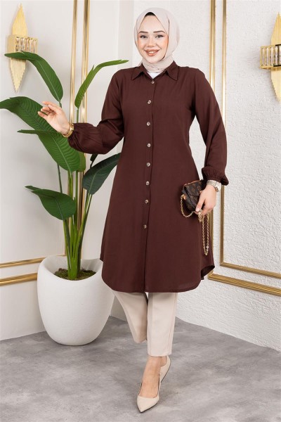 Manşeti Lastikli Viskon Tunik KAHVERENGİ - Thumbnail