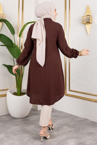 Manşeti Lastikli Viskon Tunik KAHVERENGİ - Thumbnail