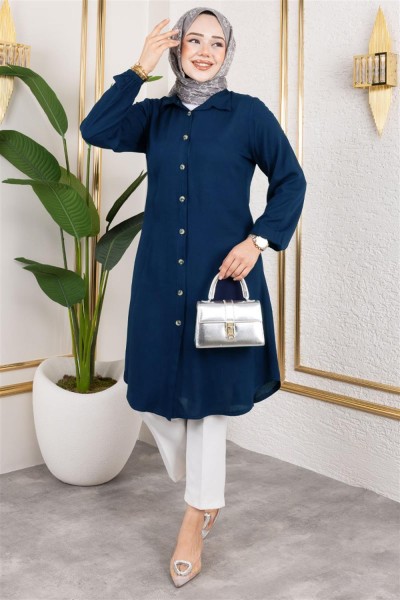 SGS - Manşeti Lastikli Viskon Tunik LACİVERT