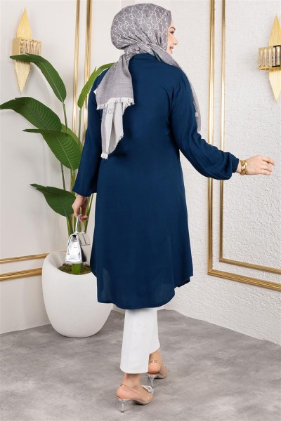 Manşeti Lastikli Viskon Tunik LACİVERT - Thumbnail