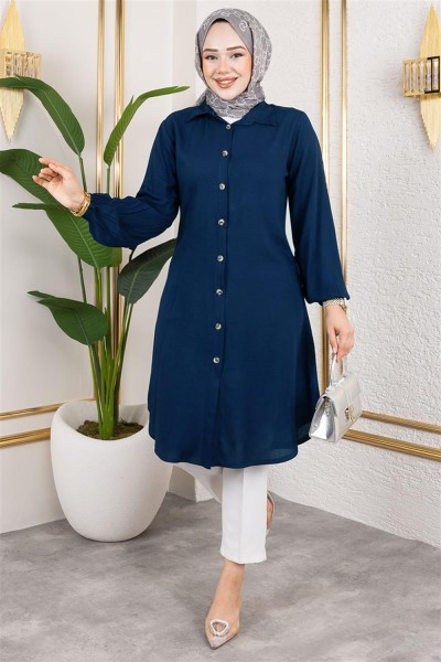 Manşeti Lastikli Viskon Tunik LACİVERT - Thumbnail