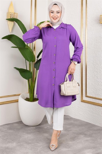 Manşeti Lastikli Viskon Tunik LİLA - Thumbnail