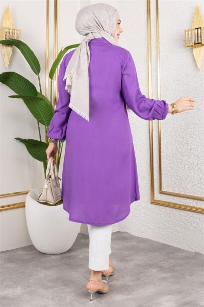 Manşeti Lastikli Viskon Tunik LİLA - Thumbnail