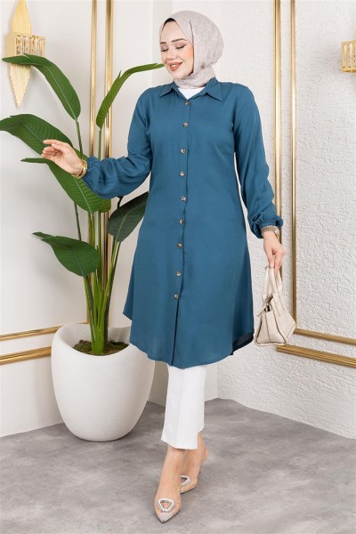 Manşeti Lastikli Viskon Tunik PETROL - Thumbnail