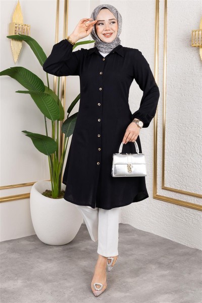 Manşeti Lastikli Viskon Tunik SİYAH - Thumbnail