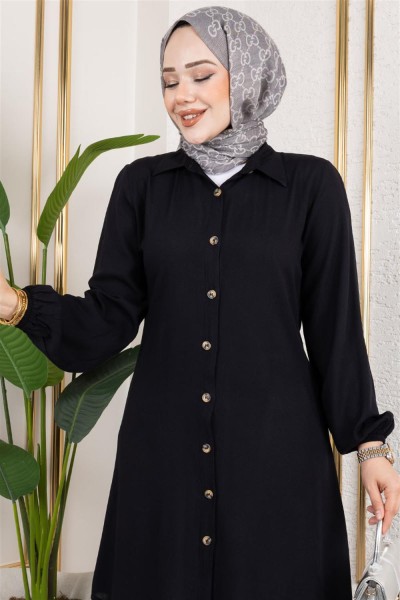 Manşeti Lastikli Viskon Tunik SİYAH - Thumbnail