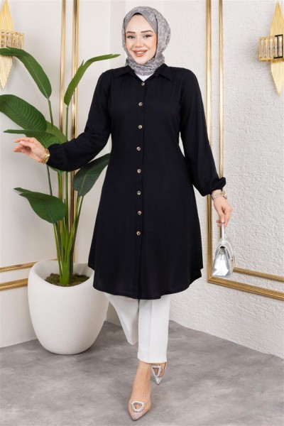 SGS - Manşeti Lastikli Viskon Tunik SİYAH