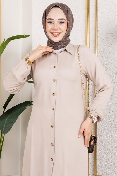 Manşeti Lastikli Viskon Tunik VİZON - Thumbnail