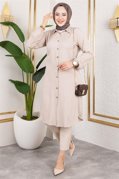 Manşeti Lastikli Viskon Tunik VİZON - Thumbnail