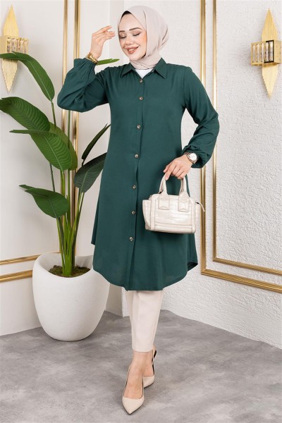 SGS - Manşeti Lastikli Viskon Tunik ZÜMRÜT YEŞİLİ