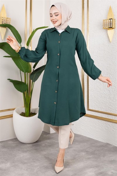 Manşeti Lastikli Viskon Tunik ZÜMRÜT YEŞİLİ - Thumbnail