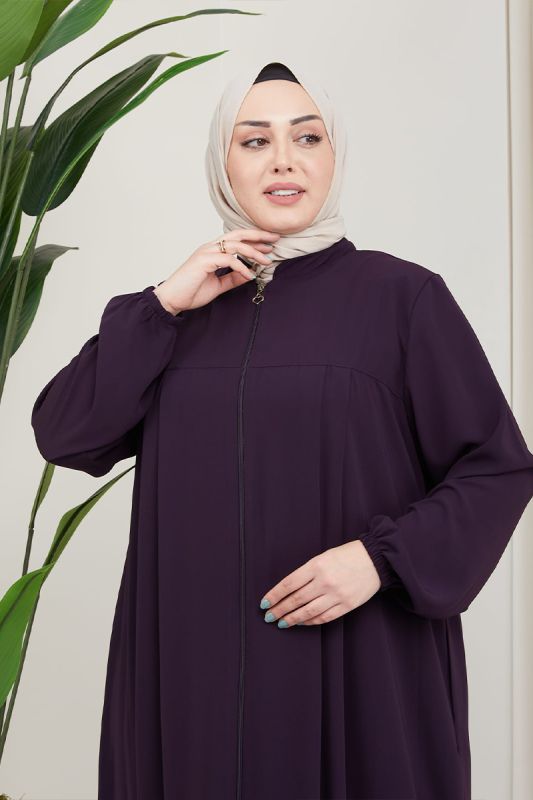 Medina Silk Hijab Pleat Detailed Abaya MDC-0165 Plum - 4