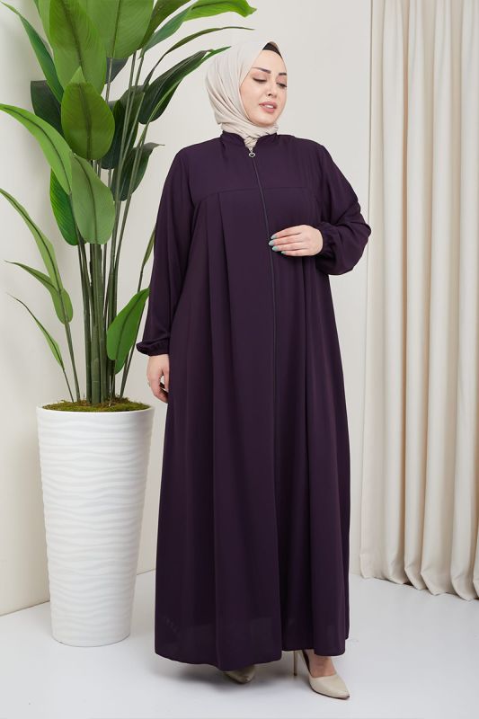 Medina Silk Hijab Pleat Detailed Abaya MDC-0165 Plum - 1