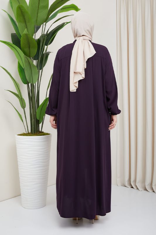 Medina Silk Hijab Pleat Detailed Abaya MDC-0165 Plum - 2