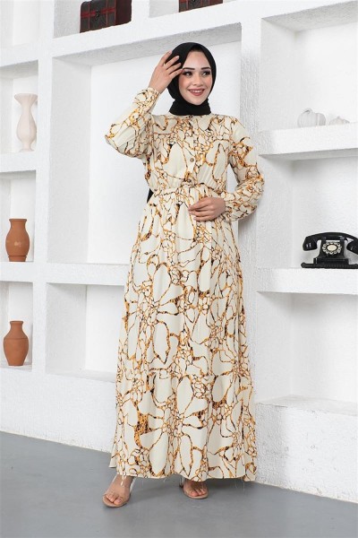 SGS - Mermer Desenli Tesettür Elbise BEJ