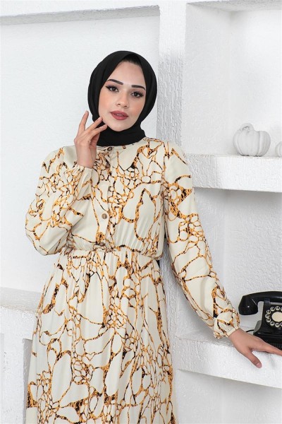Mermer Desenli Tesettür Elbise BEJ - Thumbnail