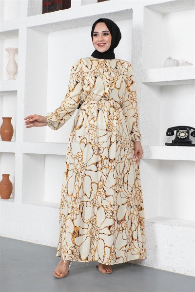 Mermer Desenli Tesettür Elbise BEJ - Thumbnail