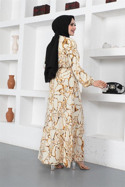Mermer Desenli Tesettür Elbise BEJ - Thumbnail