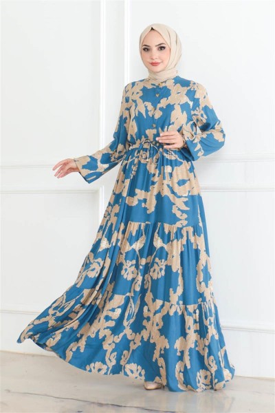Mina Desenli Tesettür Elbise İNDİGO - Thumbnail