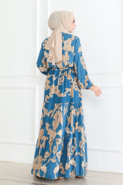 Mina Desenli Tesettür Elbise İNDİGO - Thumbnail
