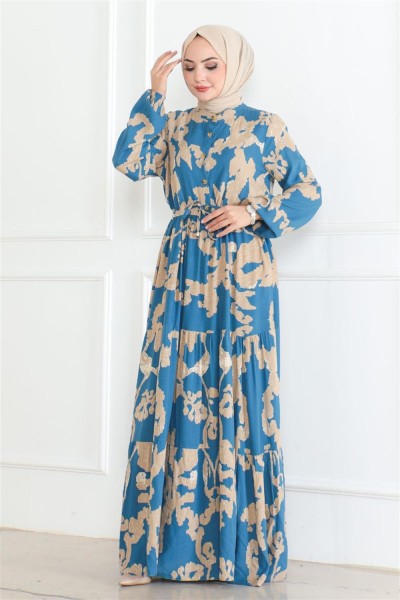 Mina Desenli Tesettür Elbise İNDİGO - Thumbnail