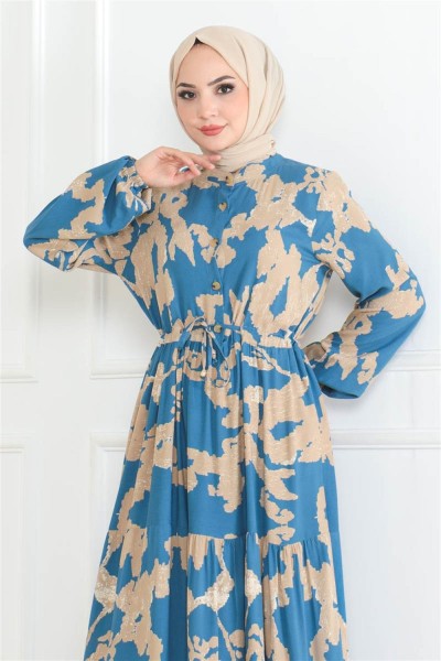 Mina Desenli Tesettür Elbise İNDİGO - Thumbnail