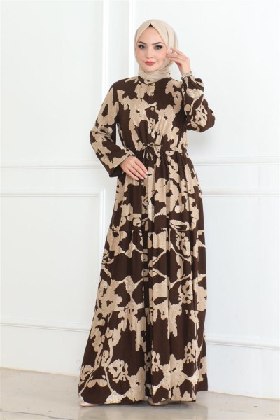 Mina Desenli Tesettür Elbise KAHVERENGİ - Thumbnail