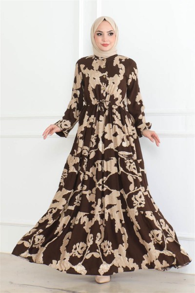SGS - Mina Desenli Tesettür Elbise KAHVERENGİ