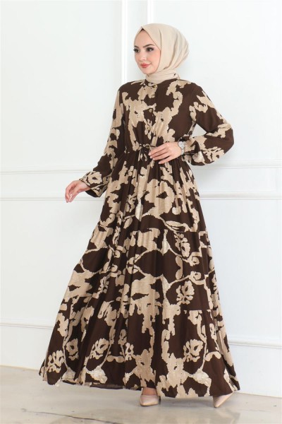 Mina Desenli Tesettür Elbise KAHVERENGİ - Thumbnail