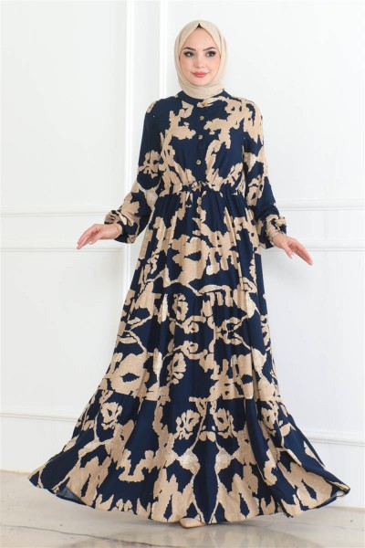 SGS - Mina Desenli Tesettür Elbise LACİVERT
