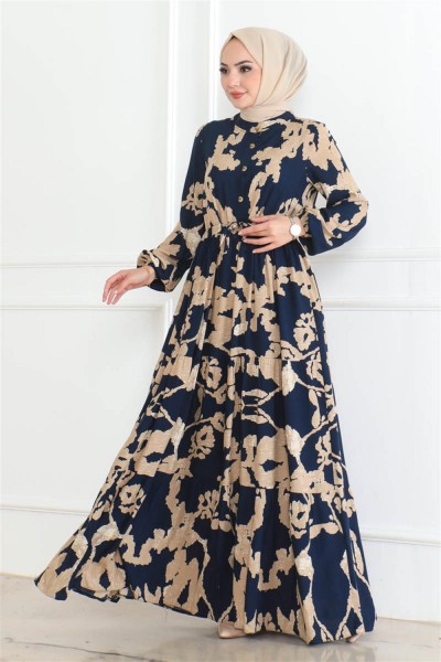 Mina Desenli Tesettür Elbise LACİVERT - Thumbnail