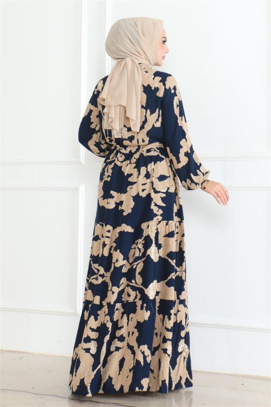 Mina Desenli Tesettür Elbise LACİVERT - 4