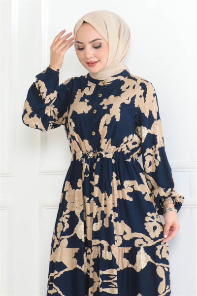 Mina Desenli Tesettür Elbise LACİVERT - Thumbnail