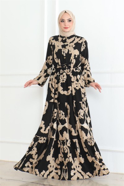 SGS - Mina Desenli Tesettür Elbise SİYAH