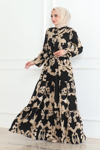 Mina Desenli Tesettür Elbise SİYAH - Thumbnail