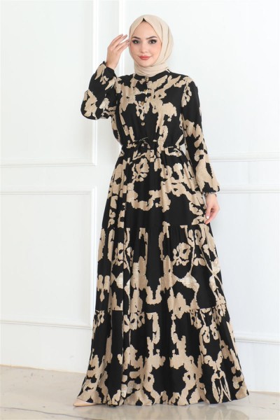 Mina Desenli Tesettür Elbise SİYAH - Thumbnail