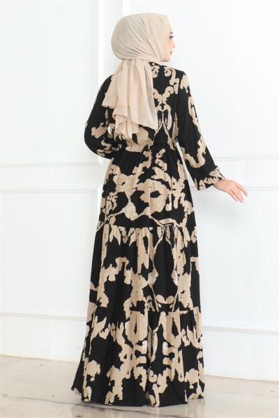 Mina Desenli Tesettür Elbise SİYAH - Thumbnail
