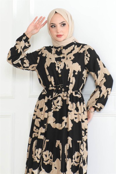 Mina Desenli Tesettür Elbise SİYAH - Thumbnail