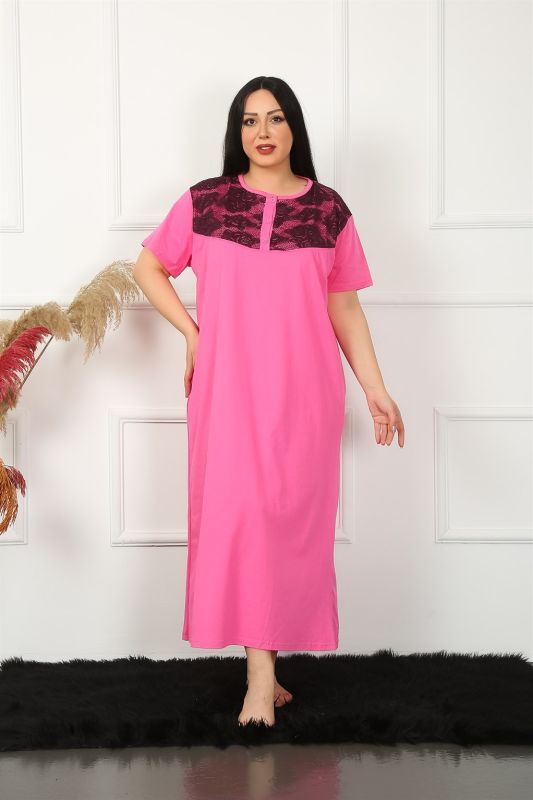 Moda Çizgi Big Dantelli Kısa Kol Fuşya Anne Gecelik 1348 - 1