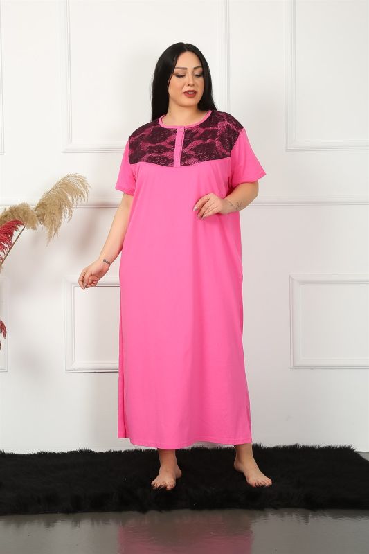 Moda Çizgi Big Dantelli Kısa Kol Fuşya Anne Gecelik 1348 - 2